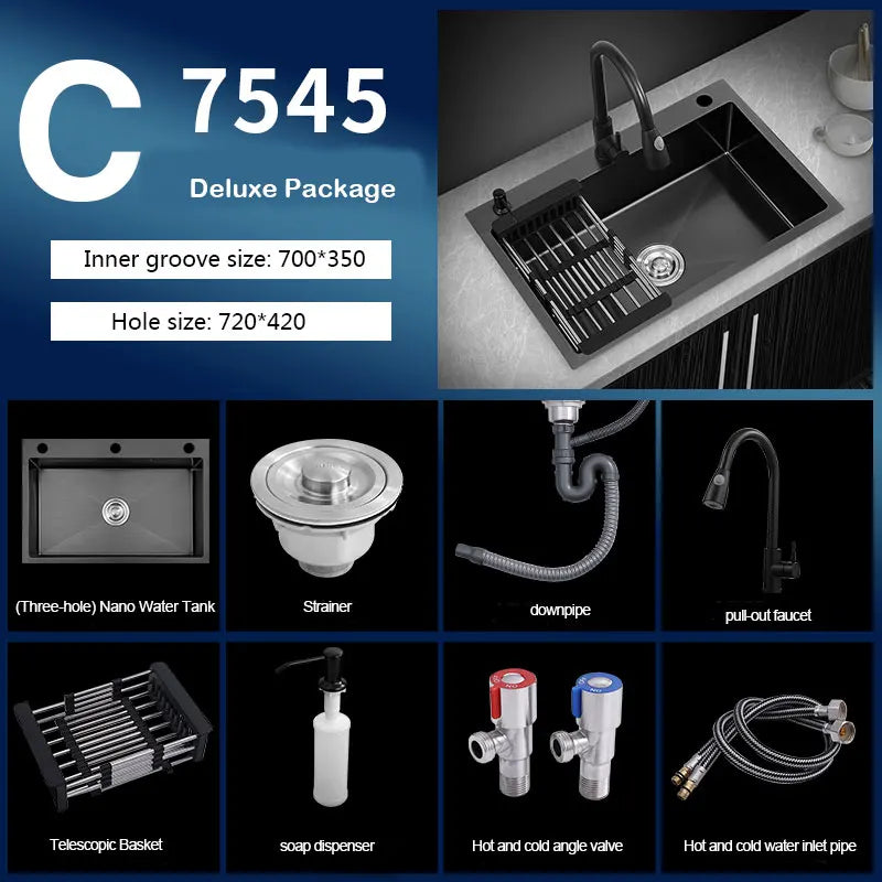 kitchen sink Black nano-sink single-slot household hand-washing basin kitchen large 304 stainless steel sink sink bowl