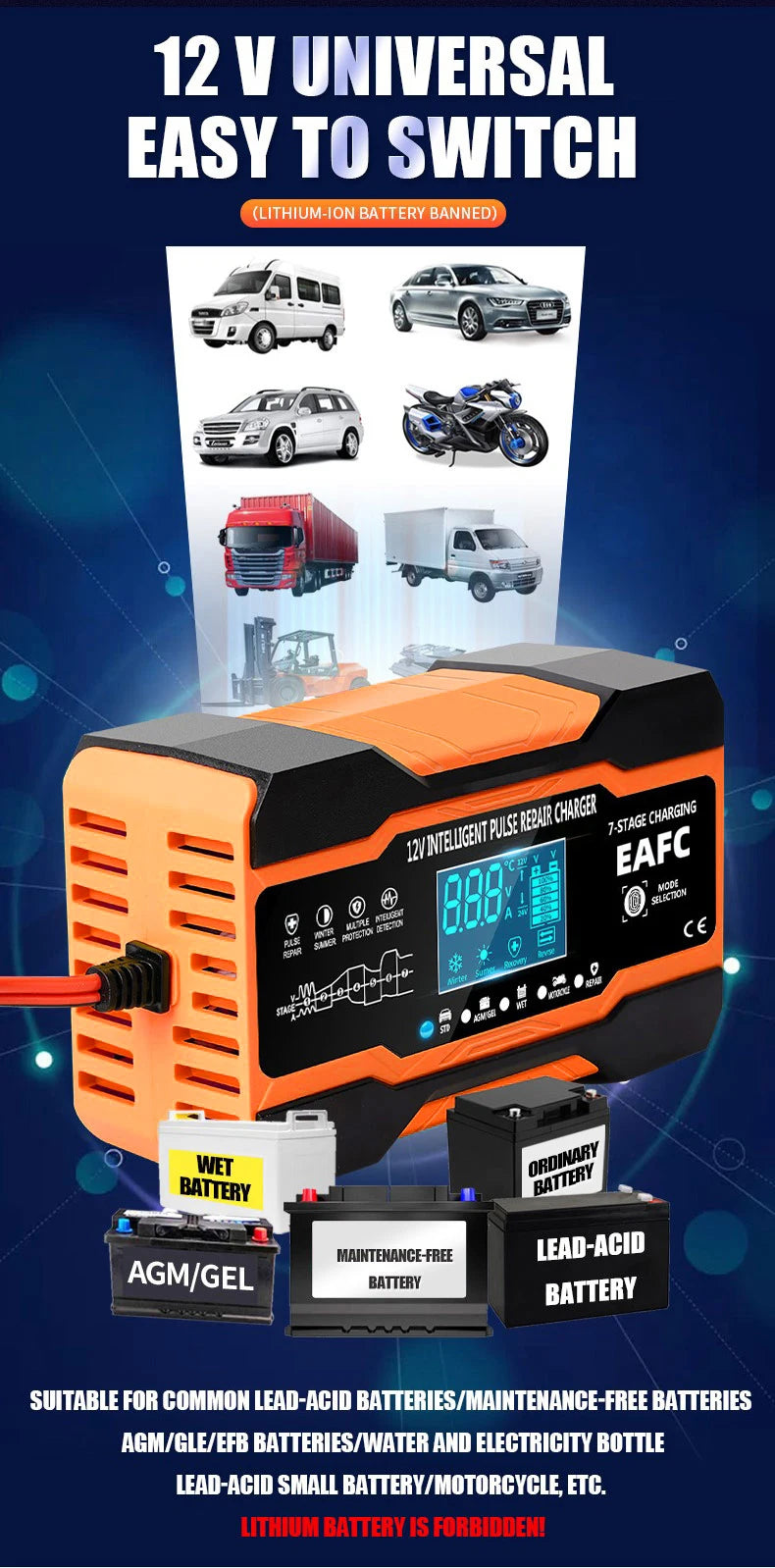 12V 24V 12A 10A Battery Charger Smart Fast Charging for Car Batteries 7-Stage Charge Pulse Repair for AGM GEL WET Lead Acid