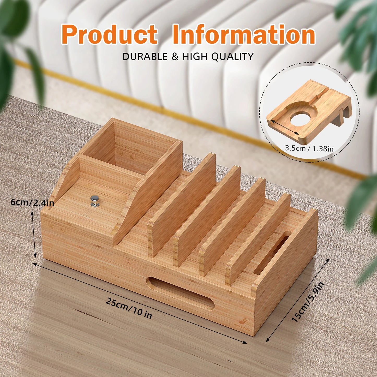Bamboo Charging Station for Multiple Devices Desktop Organizer for Phones Tablet Wooden Docking Stations