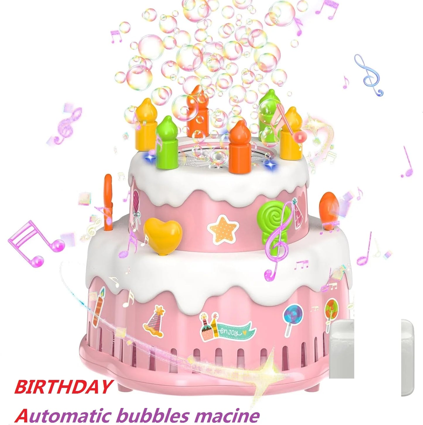 Birthday Cake Bubble Machine for Kids Automatic Bubble Blower 10000+ Bubbles Per Minute/Lights/Music Summer Bubble Maker Toys