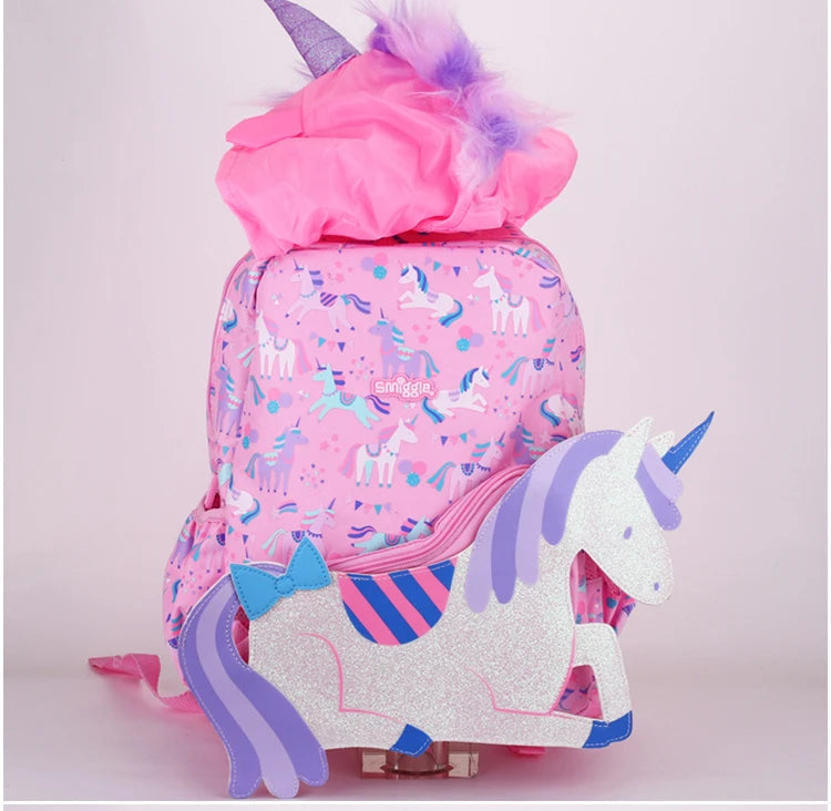 Australian Smiggle Backpack Pink And White Unicorn Student Stationery Backpack Lunch Bag Water Cup Student Gift