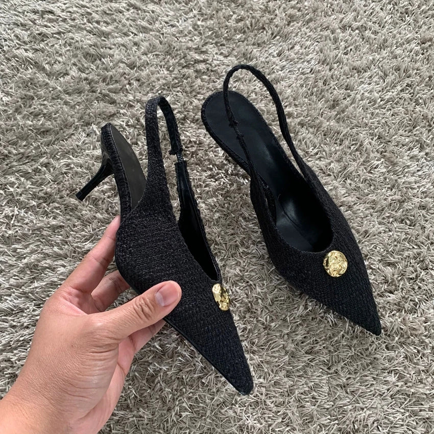 Fashion Women’s Black High Heels Sexy Pointed Shallow Mouth Pumps 2025 Spring Female Slingbacks Dress Office Shoes