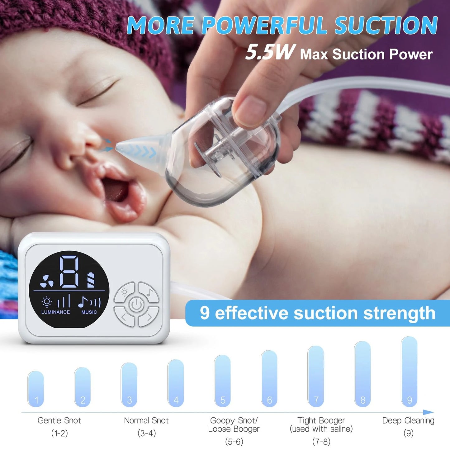 Baby Nasal Aspirator Electric Nose Cleaner with Built-In Music & Night Light Rechargeable Nose Booger Sucker for Infants Babies