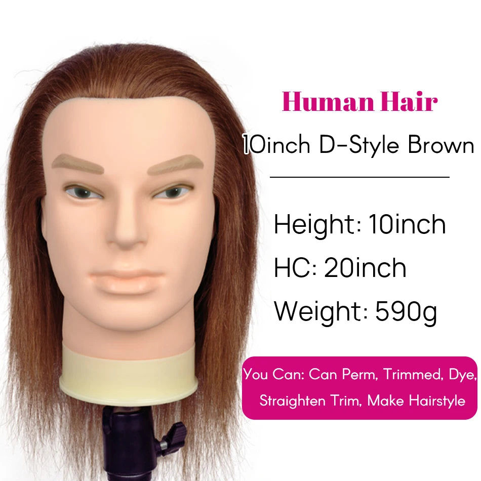100% Human Hair Male Mannequin Head With Hair Beard Practice Manikin Hairdresser Cosmetology Training Doll Head For Hair Styling