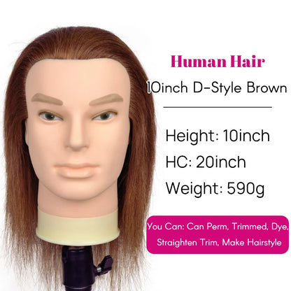 100% Human Hair Male Mannequin Head With Hair Beard Practice Manikin Hairdresser Cosmetology Training Doll Head For Hair Styling