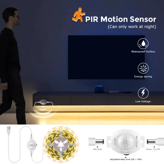 Smart USB 5V SMD 2385 LED Strip Light With Sensitive PIR Motion Sensor Switch Delay Time Adjustable Only Work At Night/Dark