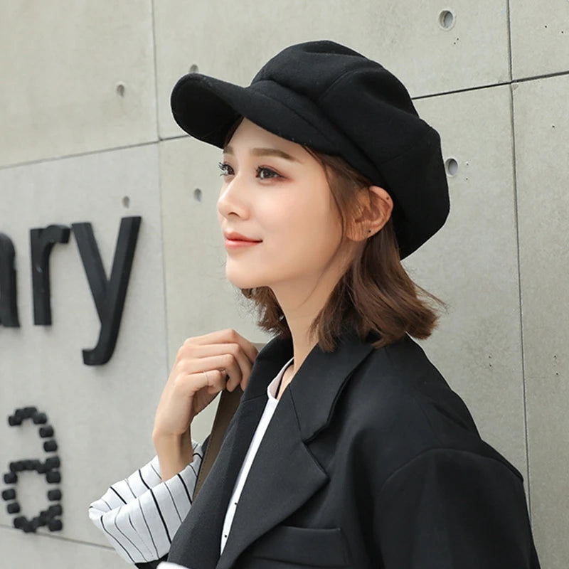 Women's Hat Autumn Warm Octagonal Hat Woolen Cloth Casual Beret Cap Solid Artist Painter Newsboy Hat Men Cap Boina