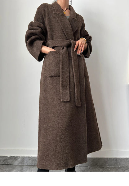 Office Lady Woolen Jackets 2024 Autumn And Winter Bathrobe Style Pocket Double-Sided Loose Lace -Up Tie Women's Long Wool Coats