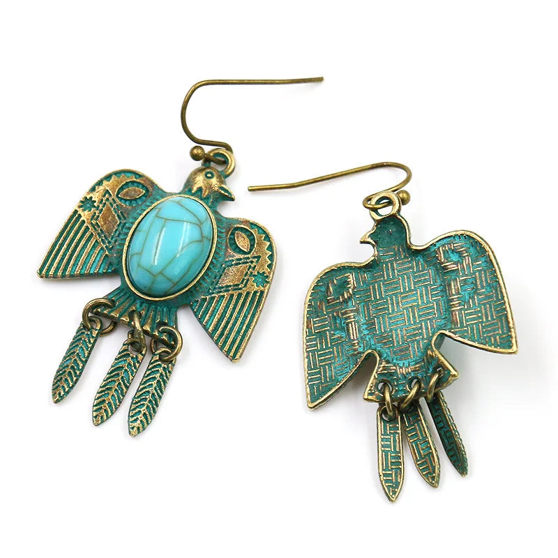 Ethnic Women's Pigeon Bohemian Earrings Vintage Bronze Gypsy Turquoises Jhumka Earrings Oorbellen