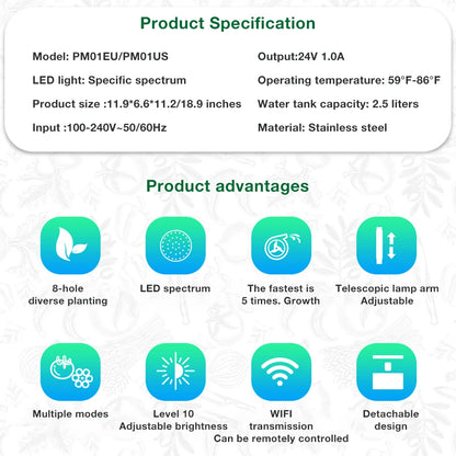 8 Pods Hydroponics Growing System Herb Garden Kits Indoor Adjustable Height Automatic WIFI Intelligent Hydroponic Planter