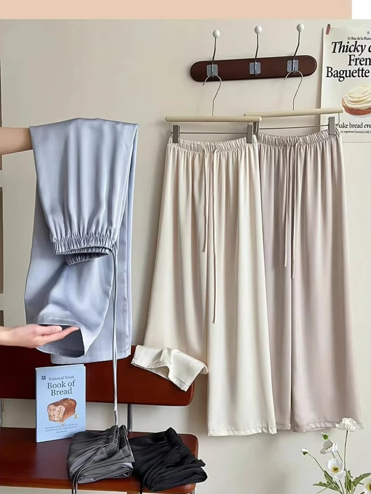 Women’s Satin Wide Leg Pants High Waist Drawstring Palazzo Pants for Work, Lounge, or Casual Wear