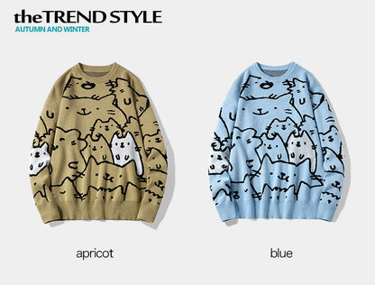 Autumn Cotton Anime Sweaters Men Retro Harajuku Vintage Oversized Sweaters Loose Cute Cartoon Cat Pullovers Homme Men Clothing