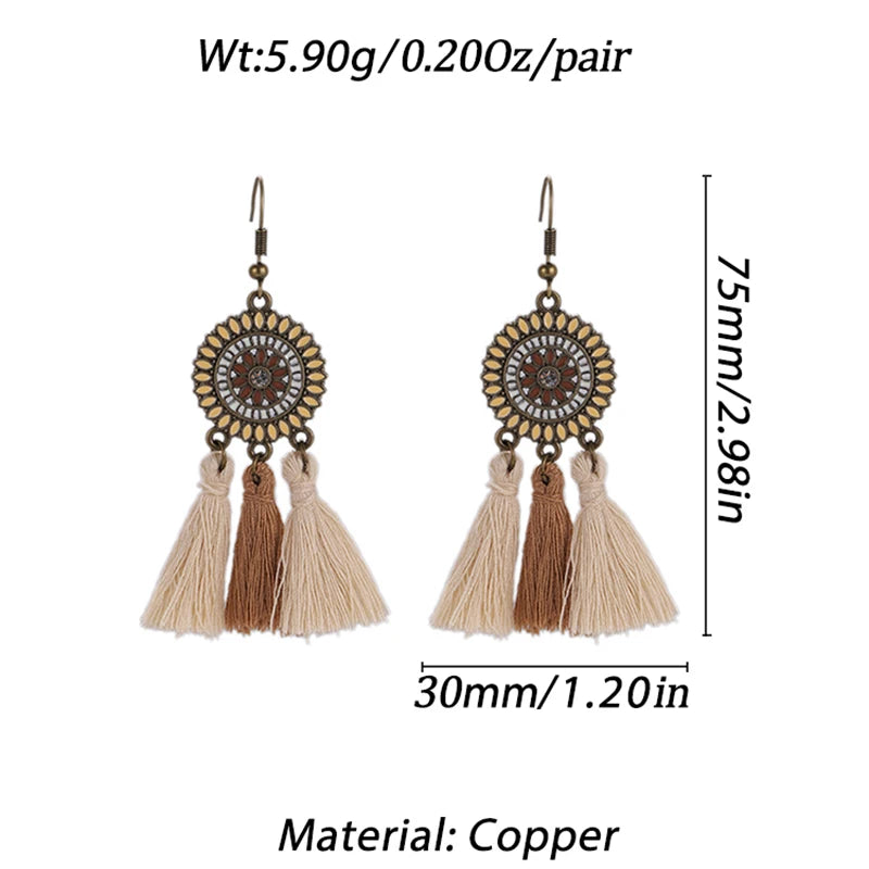 Bohemian Brown Geometric Fringe Earrings for Women Vintage Hollow Flower Beads Tassel Earrings Girls Party Jewelry Gifts