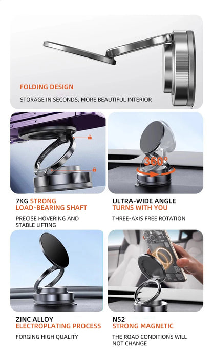 Foldable Car Phone Mount Dashboard Phone Bracket Ultra Magnetic Phone Holder 360 Degree Rotation Vacuum Suction Cup GPS Stand