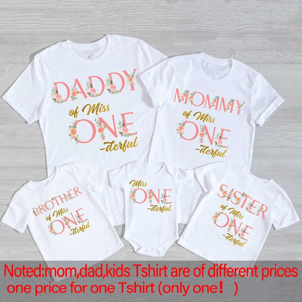 Miss ONE-derful Birthday Family Shirts Floral 1st Birthday Girl Mom Dad Brother Sister Matching Tops Tee Birthday Party Outfits