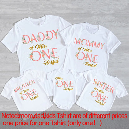 Miss ONE-derful Birthday Family Shirts Floral 1st Birthday Girl Mom Dad Brother Sister Matching Tops Tee Birthday Party Outfits