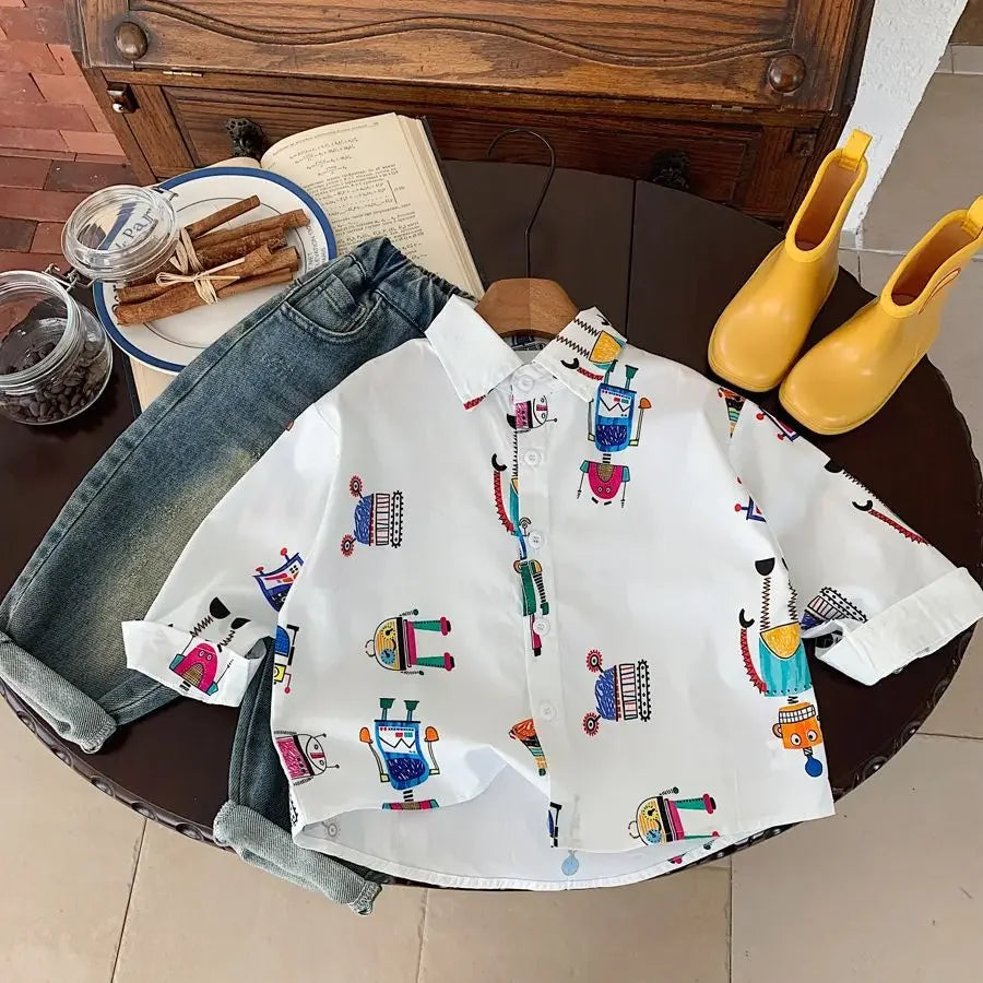 Baby Boys Blouses Toddler Lapel Blouse Kids Long-Sleeved Cotton Tops Full Printed Shirts 2025 Spring Autumn Children's Clothing