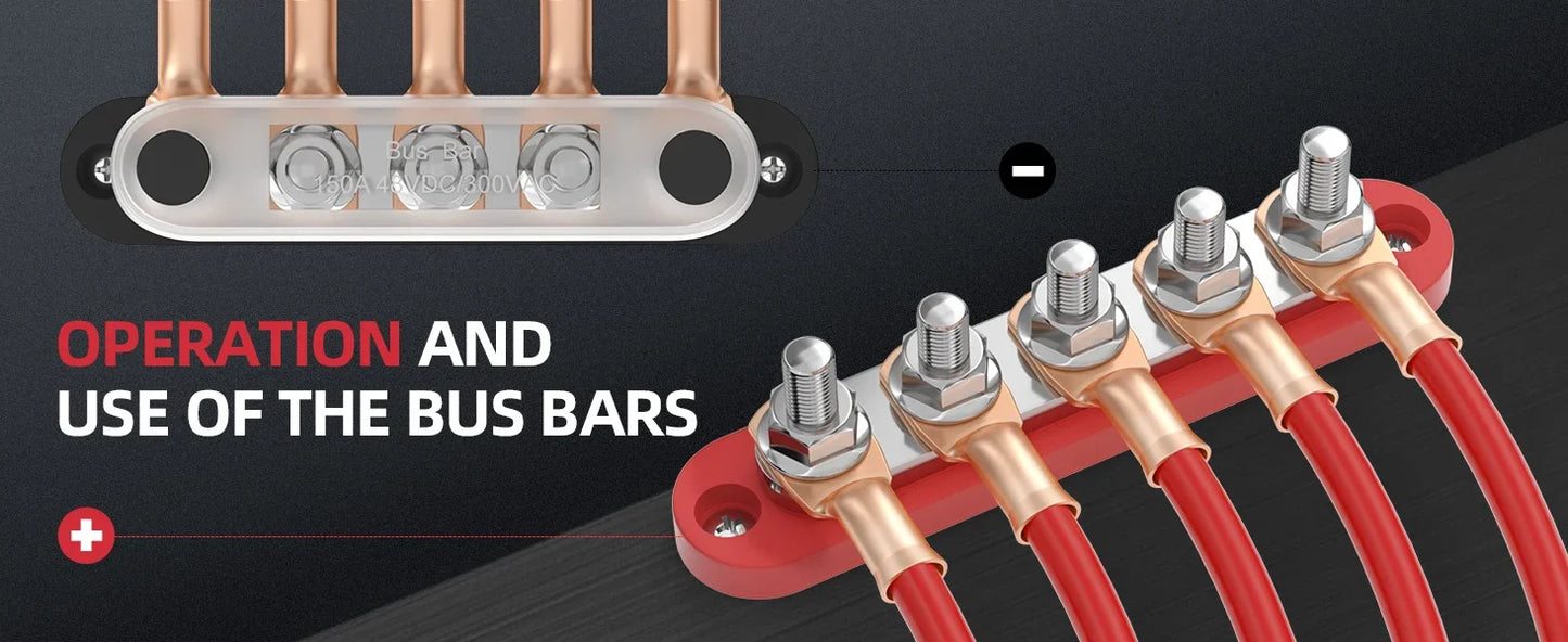 150A Terminal Bus Bar 5*M8 Studs Battery Power Distribution Block Red Black 12V Car Busbars for Automotive Marine Boat