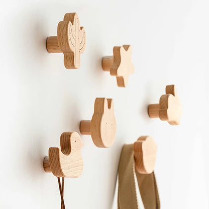 1PCS Solid Wood Hooks Cute Room Decor Animal Hook Wall Hanging Key Coat Hook Home Decoration Hanger Bathroom Kitchen Accessories