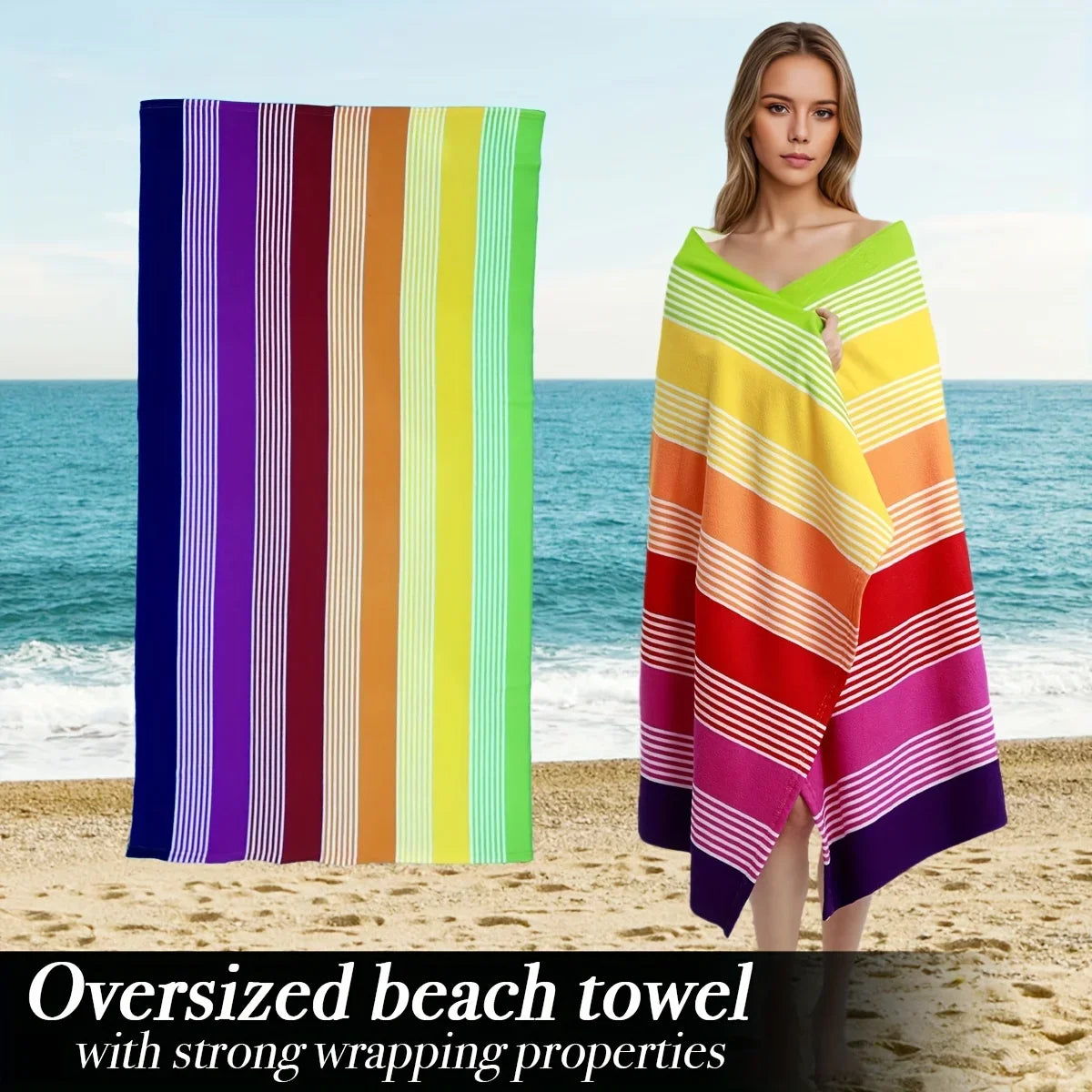 Oversized Beach Towel 280g/㎡ Microfiber, Rainbow Quick-Dry for Pool Travel, Tropical Design, Fade-Resistant & Washable