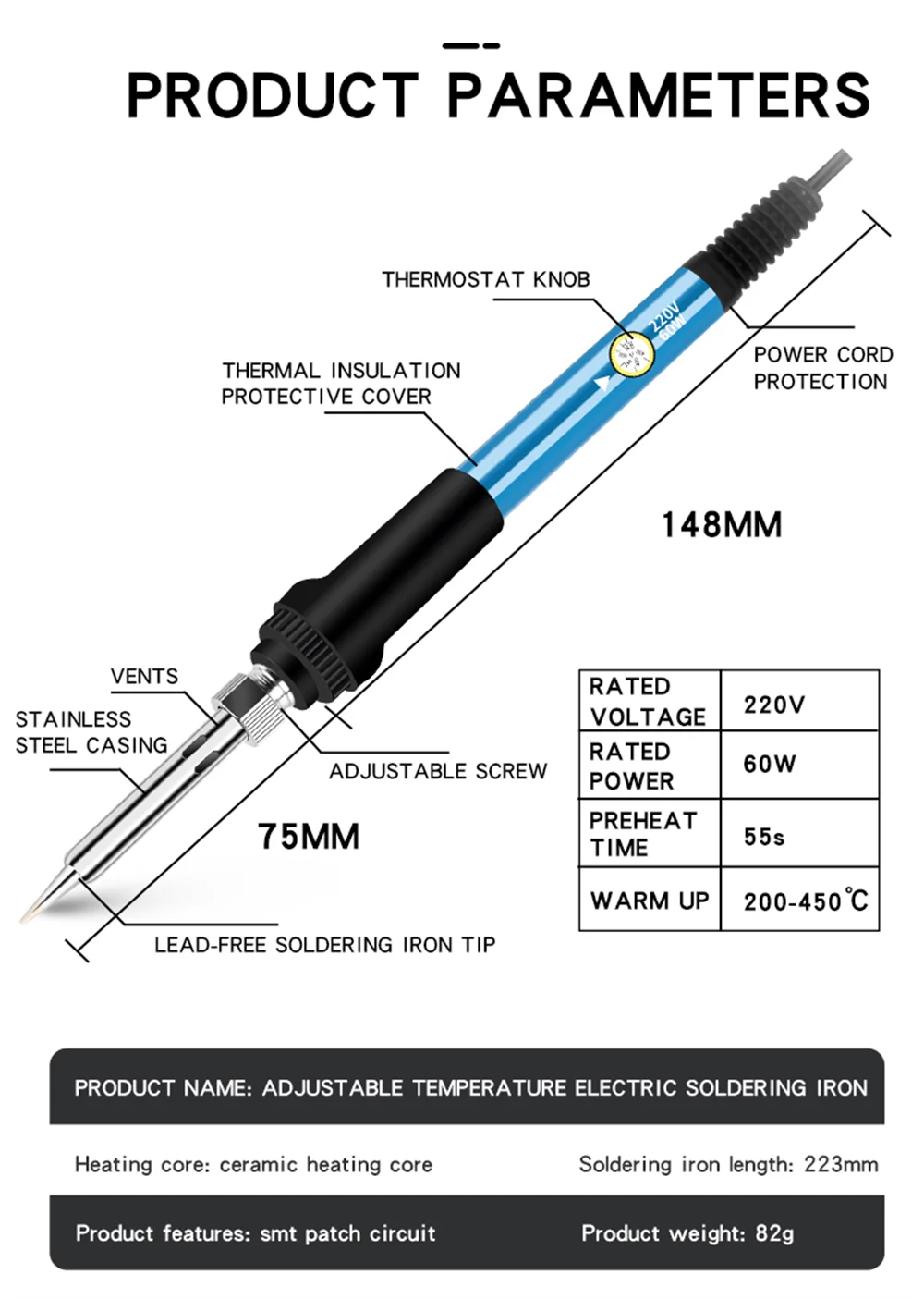 60W Electric Soldering Iron Replaceable Soldering Iron Adjustable Temperature  Head Soldering Iron Pen Welding Kit