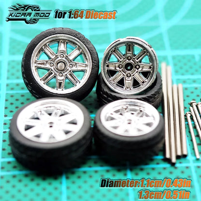 Kicarmod 1/64 Model Car ABS Wheels with Rubber Tire Metal Rims Front Small Rear Large Refitting Parts For Model Car Hot Wheels