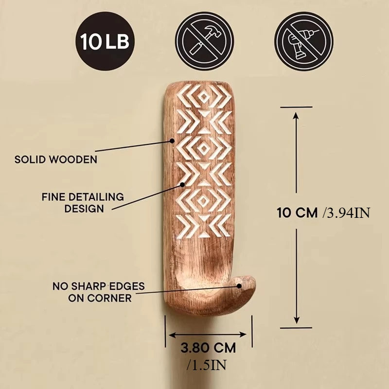 Non-Destructive Wood Wall Hooks - Adhesive Wall Hooks - Boho Decorative Wall Hooks