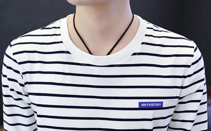 T Shirts for Men Stripe Tops Red Cotton Male Clothes Round Neck Harajuku Fashion Sale High Brand Regular Fit It Full Sleeve Tee