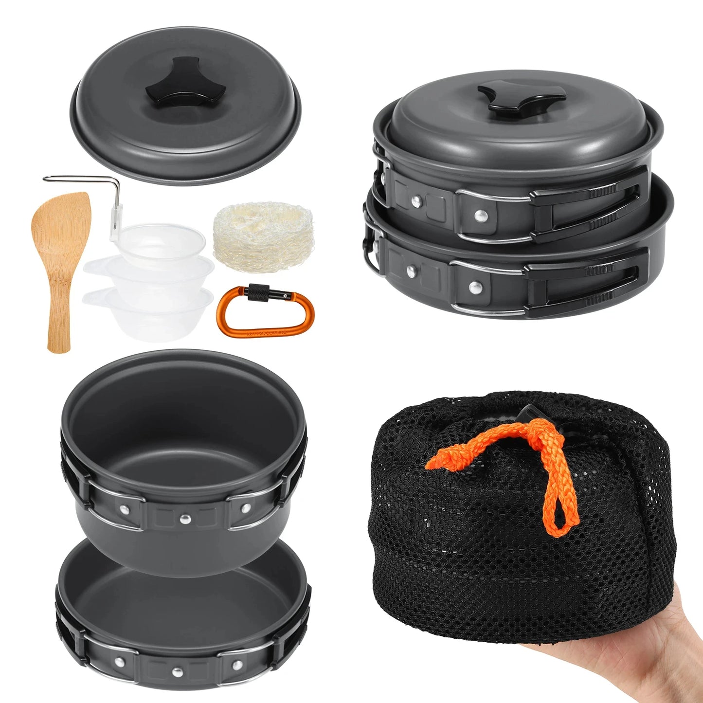 10pcs Camping Cookware Mess Kit Cookset Outdoor Cooking Equipment Pot Pan Bowls Backpacking Hiking Gear Camping Supplies