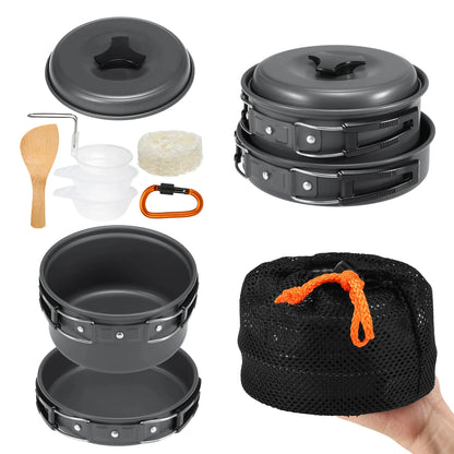 10pcs Camping Cookware Mess Kit Cookset Outdoor Cooking Equipment Pot Pan Bowls Backpacking Hiking Gear Camping Supplies