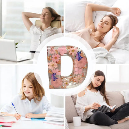 Floral 26 Letters Night Lights Decorative Resin Lamp with Initial Letter & Dry Flower Creative Table Light Night Lamp Glowing