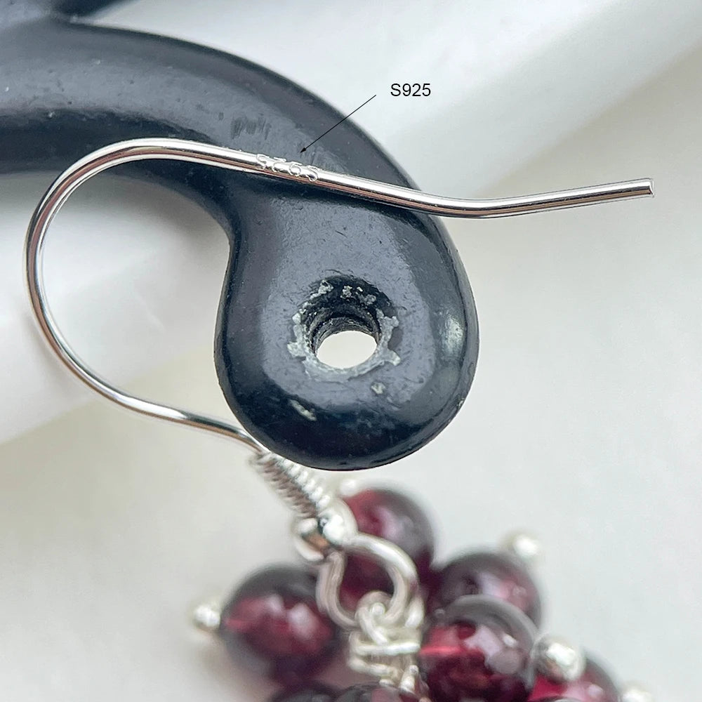 Cute Cluster Natrual Garnet Beads Dark Red Grape 925 Sterling Silver Hook Drop Dangle Earrings For Women Girls Jewelry Handmade