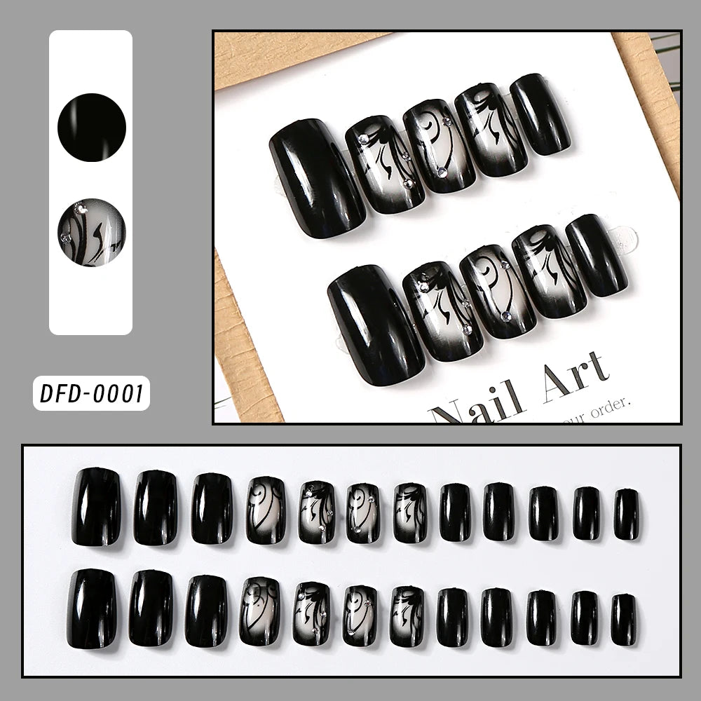 24pcs Glossy Black Flower Press on Nails with Rhinestones Wearable Short Square False Nails Finished Reusable Press on Nails