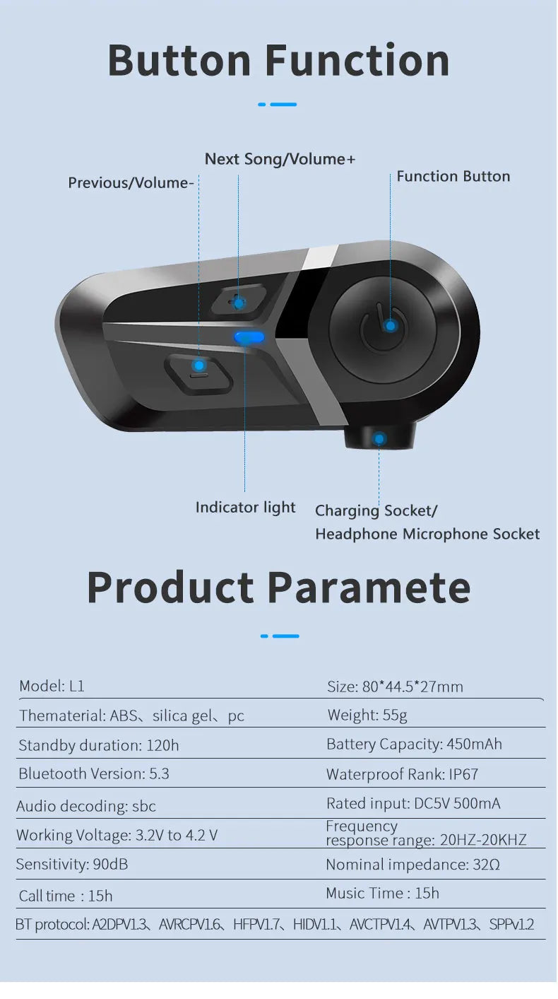 Bluetooth 5.3 Helmet Headset Wireless Hands-free Call Phone Kit Motorcycle Waterproof Earphone Music Player Speaker Moto