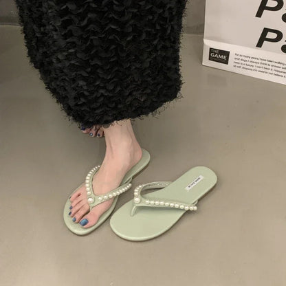 Woman Fashion Flip Flops 2025 Summer New Korean Style Soft Bottom Anti-slippery Versatile Princess Beading Simple Beach Slippers