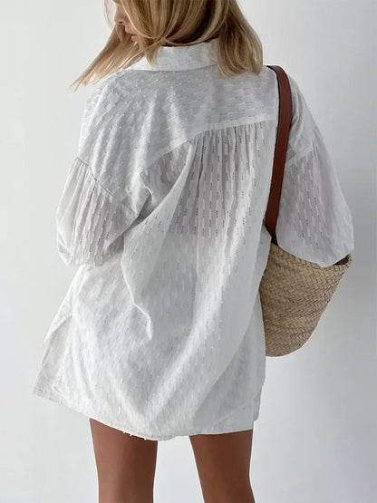 Casual Loose Women Short Two Piece Set Suit Fashion Blouse Long Sleeve Shirt Lady Simple Style Shorts Streetwear Blouse Tops