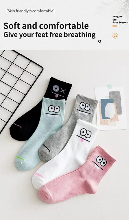 5 Pairs Cute Expression Print Socks, Comfy & Funny All-match Mid Tube Socks, Women's Stockings & Hosiery