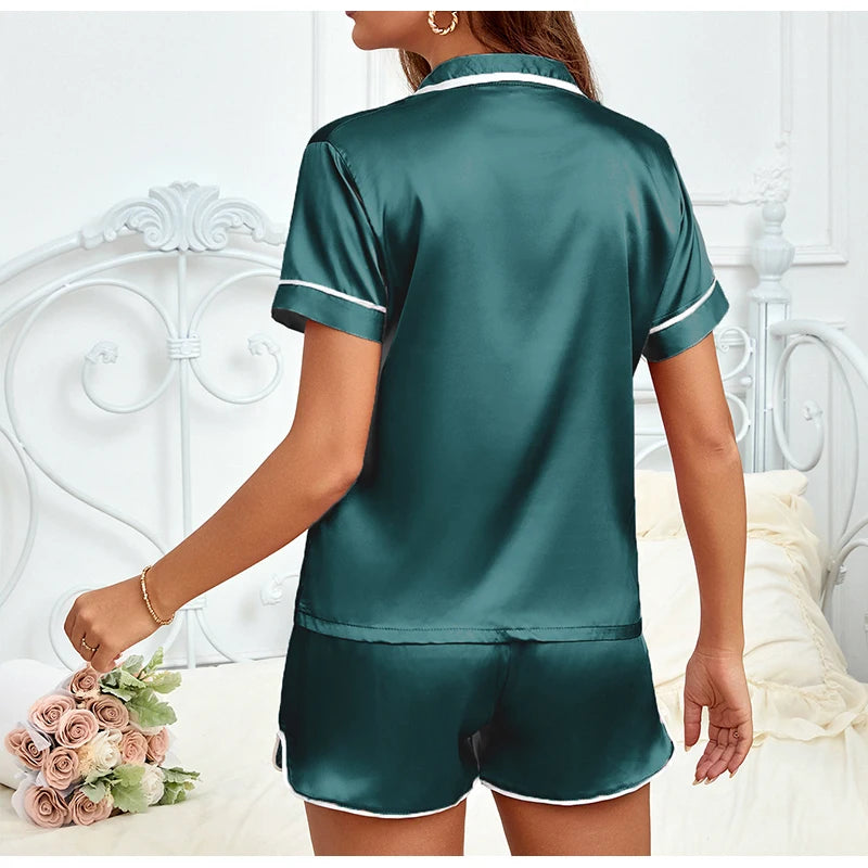 Women Silk Satin Pajamas Set Two-piece Pj Sets Sleepwear Loungewear Button-Down Pajama Women 2 Piece Pijama Homewear Shorts Set
