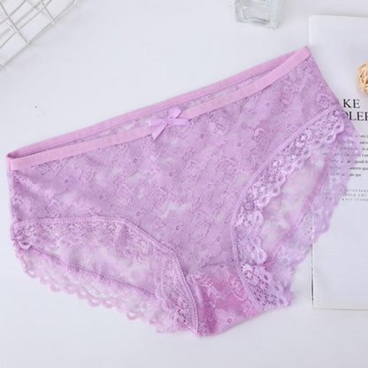 Women Panties Mid Waist Breathable Stretch Hollow Bowknot Soft See-through Lace Sexy Ladies Briefs Underpants Underwear