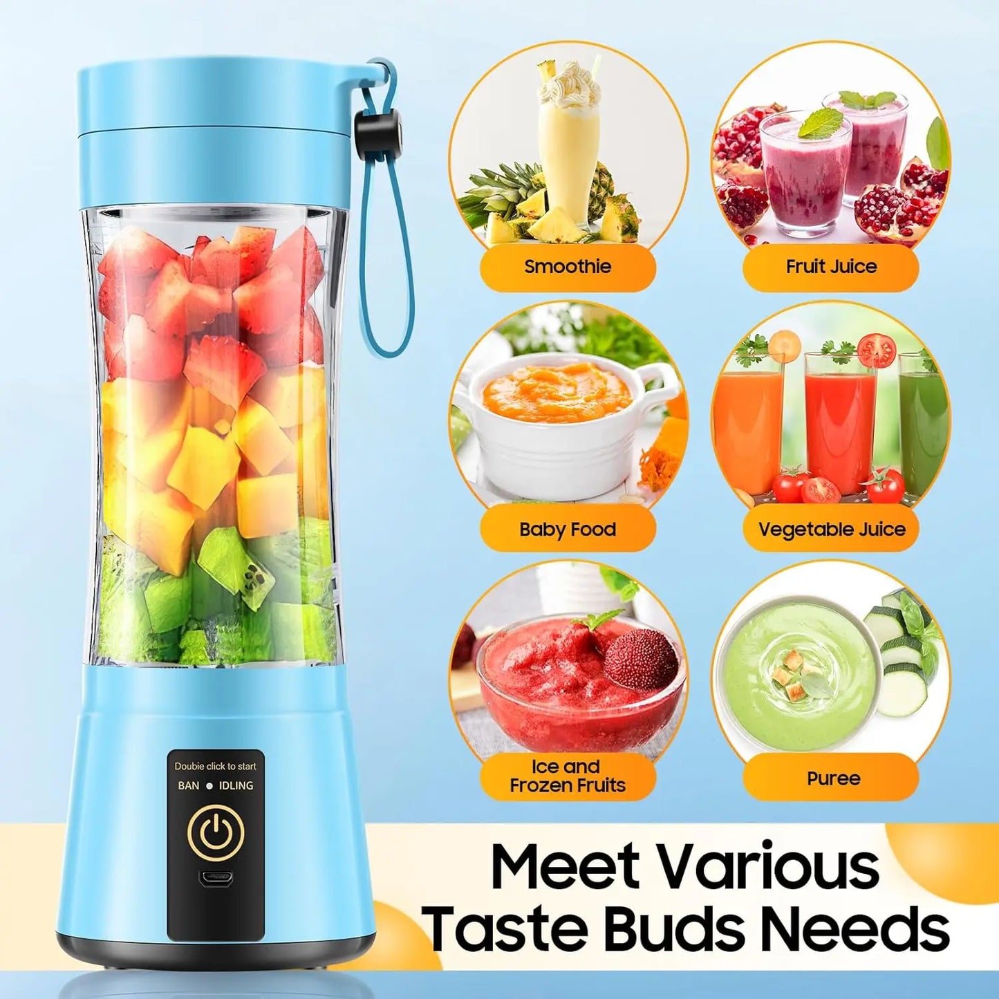 Cordless Portable Personal Size Blender - Mini Blender Make Smoothies and Shakes, 380Ml BPA Free Travel Cup for Office/Home/Gym