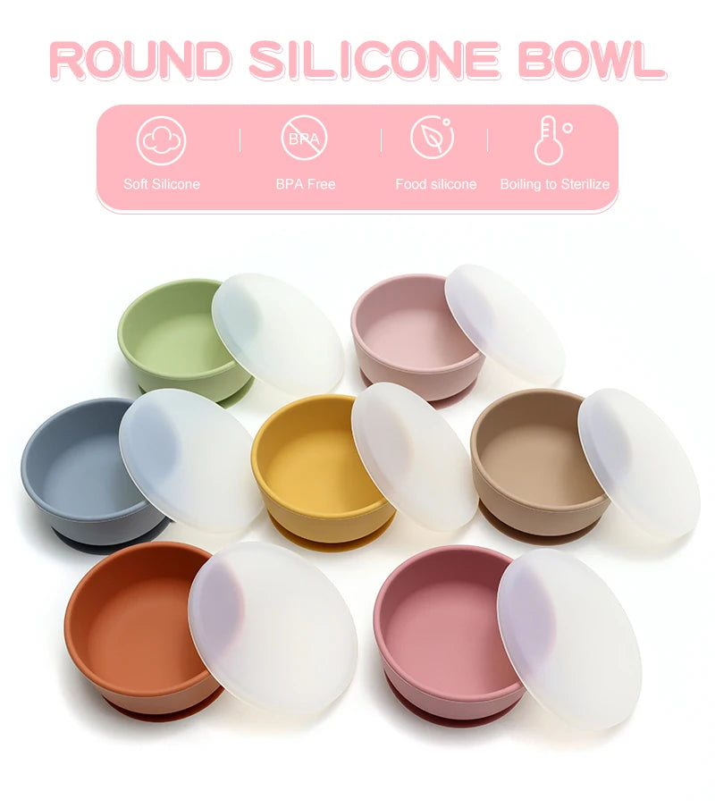 Food Grade Silicone Baby Feeding Bowls with Lid Anti-fall Strong Suction Dining Bowl for Toddler Kid Training Tableware BPA Free