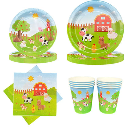 Farm Animals Disposable Tableware Paper Plates Cups Napkins Kids Farm Theme Birthday Party Decoration Supplies
