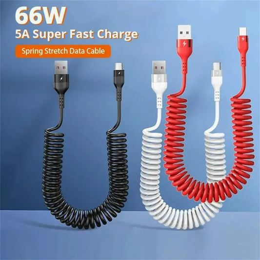 5A Fast Charging Spring Data Cable 66W Retractable USB Type C Cable For Huawei Xiaomi Redmi Phone Charger Quick Charge Data Cord