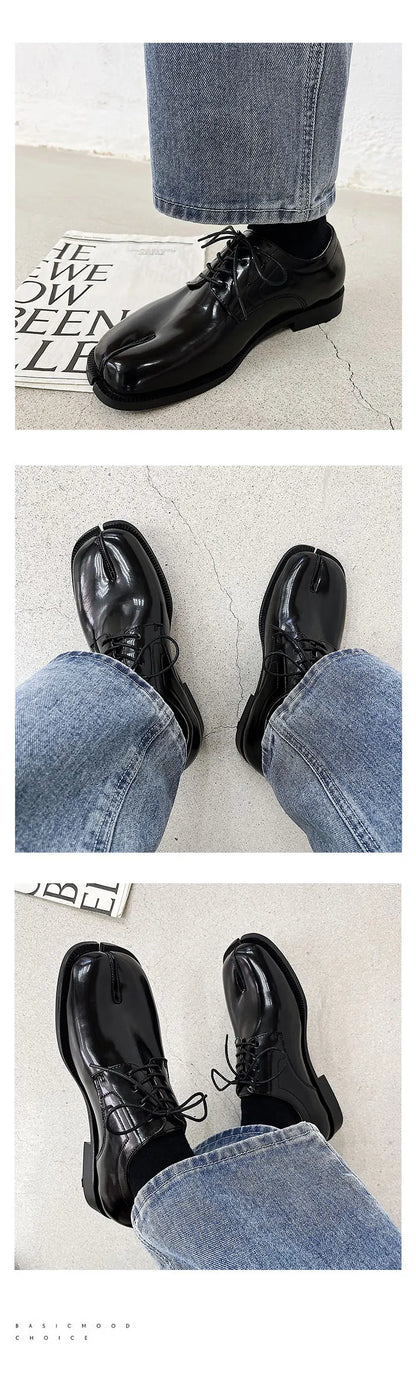 Horseshoe split toe couple leather shoes, Tabi shoes square toe cap unisex original design new Korean personality trend