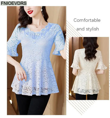 Office Shirts Basic Wear New Design 2025 Women Elegant Fashion Work Lady Bling Beaded Flare Sleeve Lace Tops Blouses