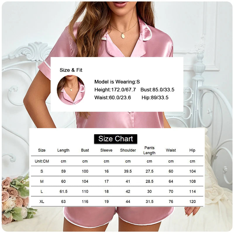Women Silk Satin Pajamas Set Two-piece Pj Sets Sleepwear Loungewear Button-Down Pajama Women 2 Piece Pijama Homewear Shorts Set