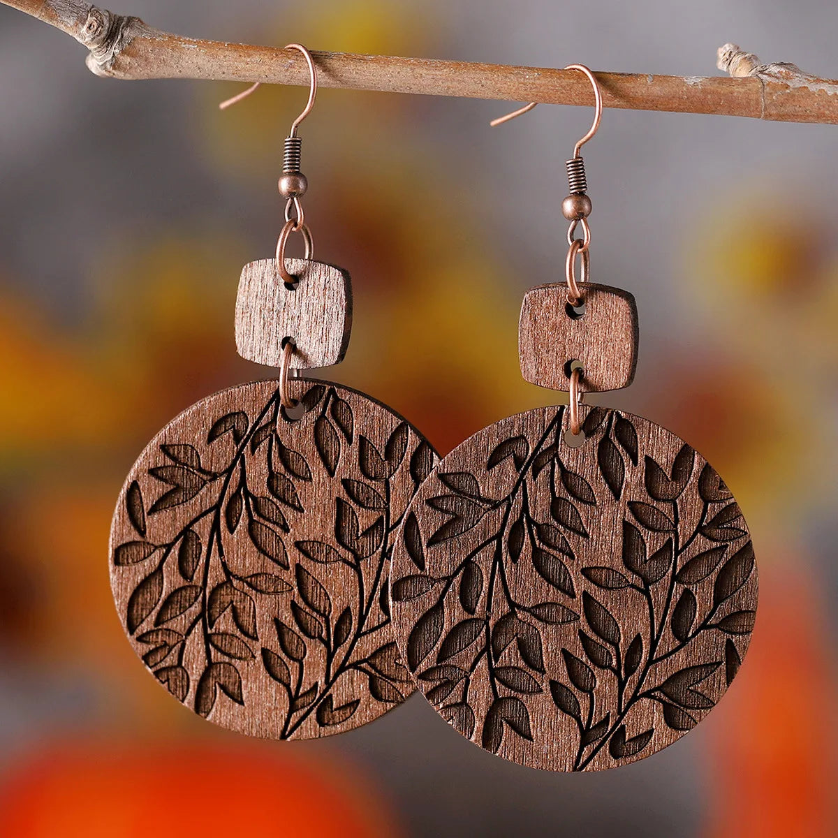 New Bohemian Earrings Autumn Leaf Disc Splicing Wooden Earrings Double sided Fashion Earrings Gift