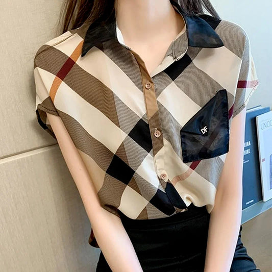 Office Wear Short Sleeve Chiffon Casual Pretty and Cheap Women's Blouses Korean Plaid Youth Woman Buttoned Shirts Trends Top Hot