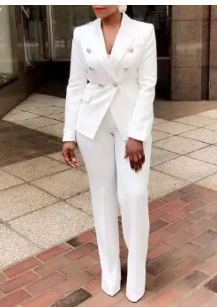 New Office Ladies Two Piece Sets Womens Outifits 2025 Spring Fashion Long Sleeve Double Breasted Blazer Plain Elegant Pants Set