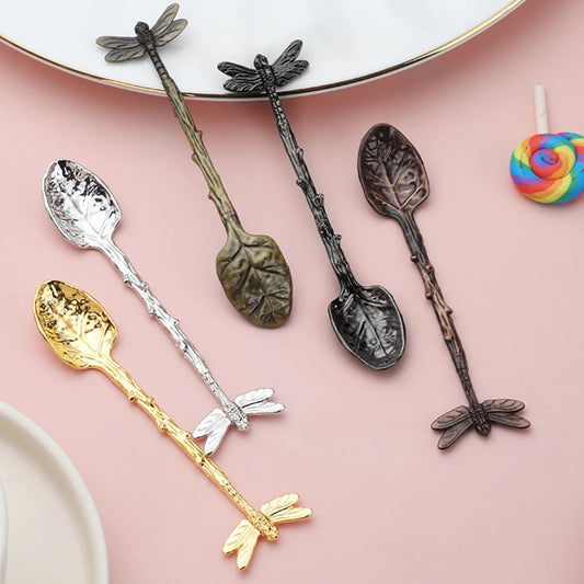 Retro Dessert Spoon Dragonfly Twig Decorative Stirring Spoon Alloy Leaf Spoon Lightweight Portable Coffee Tea Spoon Kitchen Tool